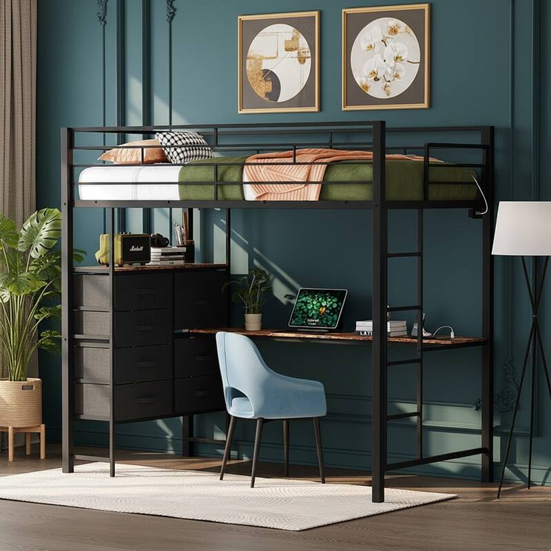 Metal Loft bed with 1 Desk,7 drawers,LED Light,Charging Sockets and Ladder - Black - Twin