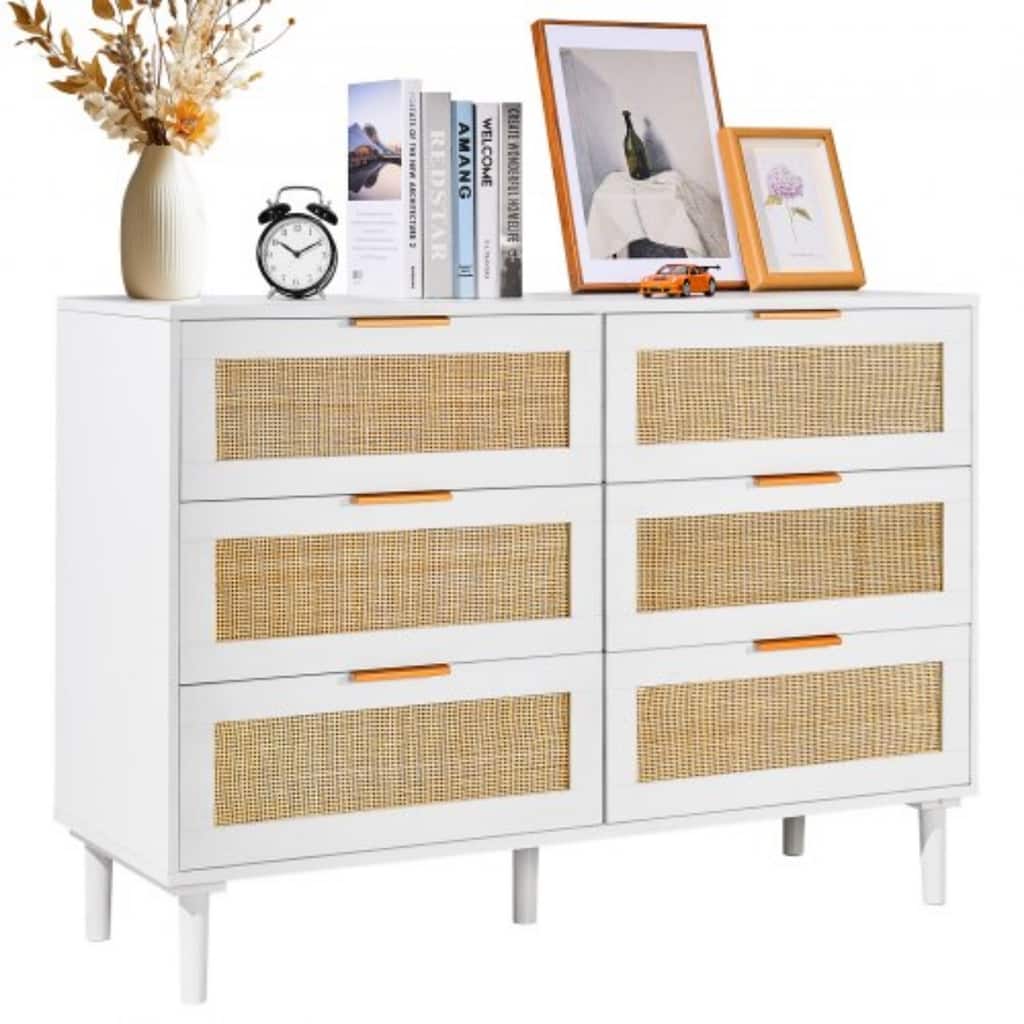 6 Drawer Rattan Dresser with sturdy Wooden Frame and Large Storage Space Suitable for Any Room
