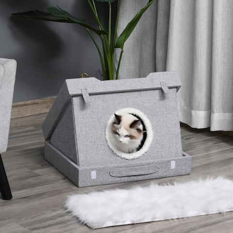 PawHut Cat House Foldable 2 In 1 Design Condo Pet Bed with Removable Washable Cushions Scratching Pad, Grey