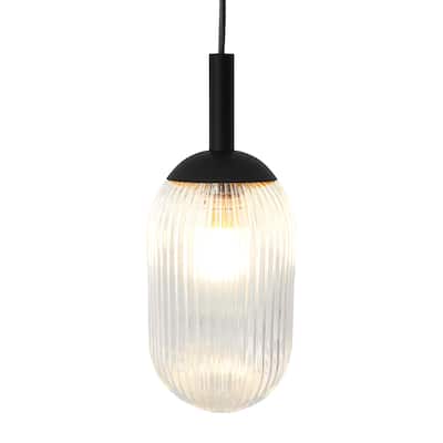 Teen Black Modern Pendant Light with Ribbed Glass Shade