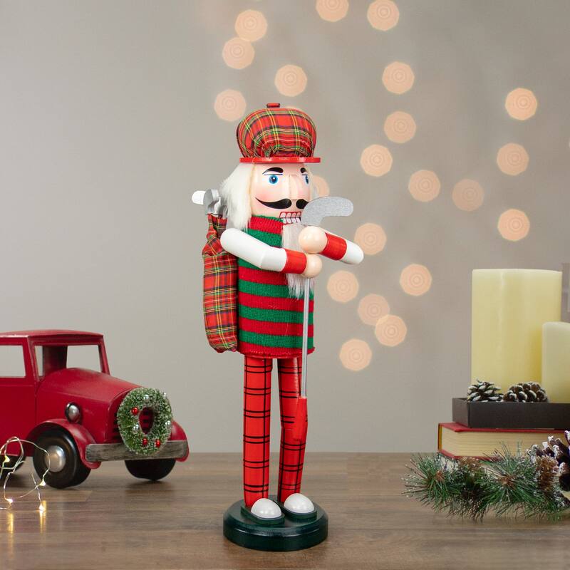 14" Red and Green Plaid Wooden Golfer Christmas Nutcracker