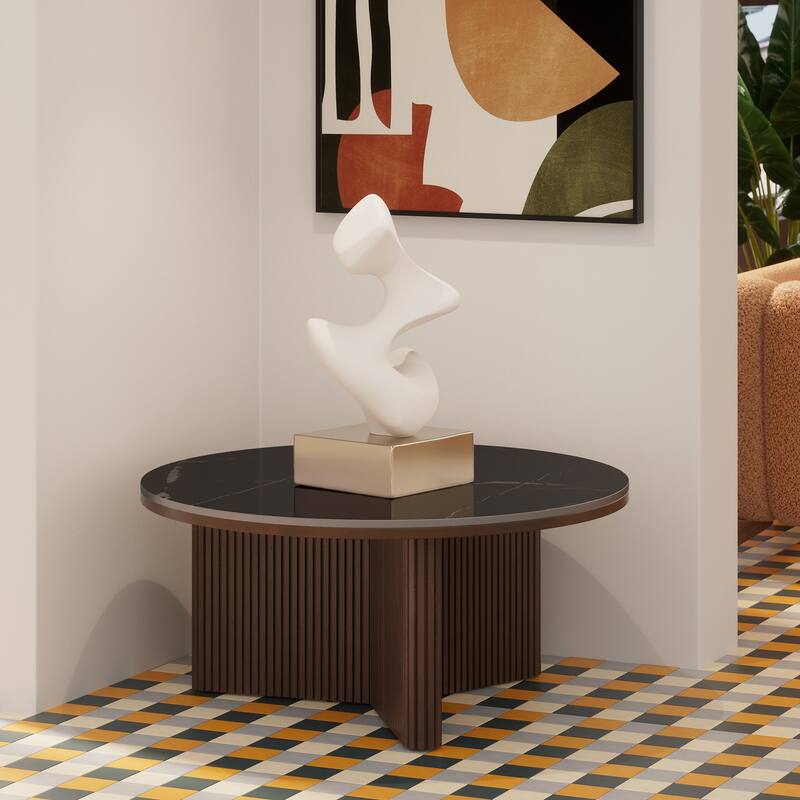 35" Round Coffee Table with Sintered Stone Top and Vertical-Groove Column Base for Living Room - Black