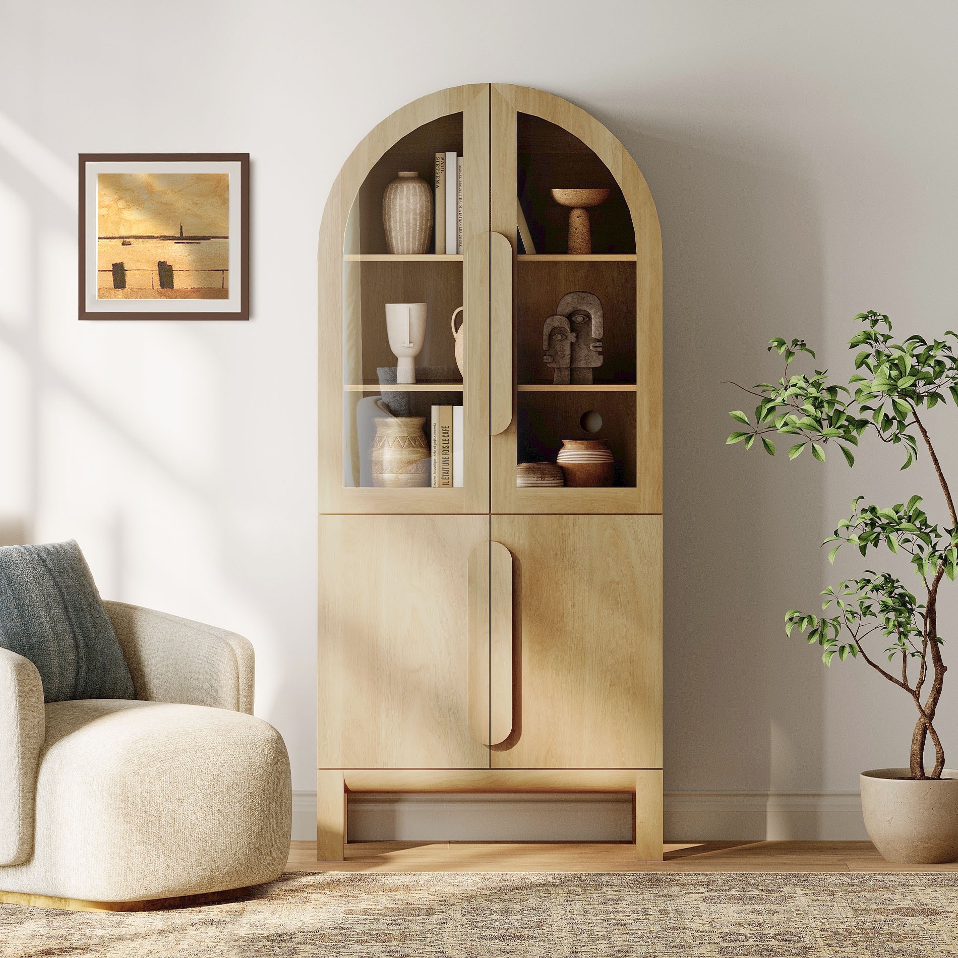 71"H Arched Bookshelf, Modern 5 Tier Bookcase with Cabinet, Wooden Display Cabinet with Glass Doors and Adjustable Shelves