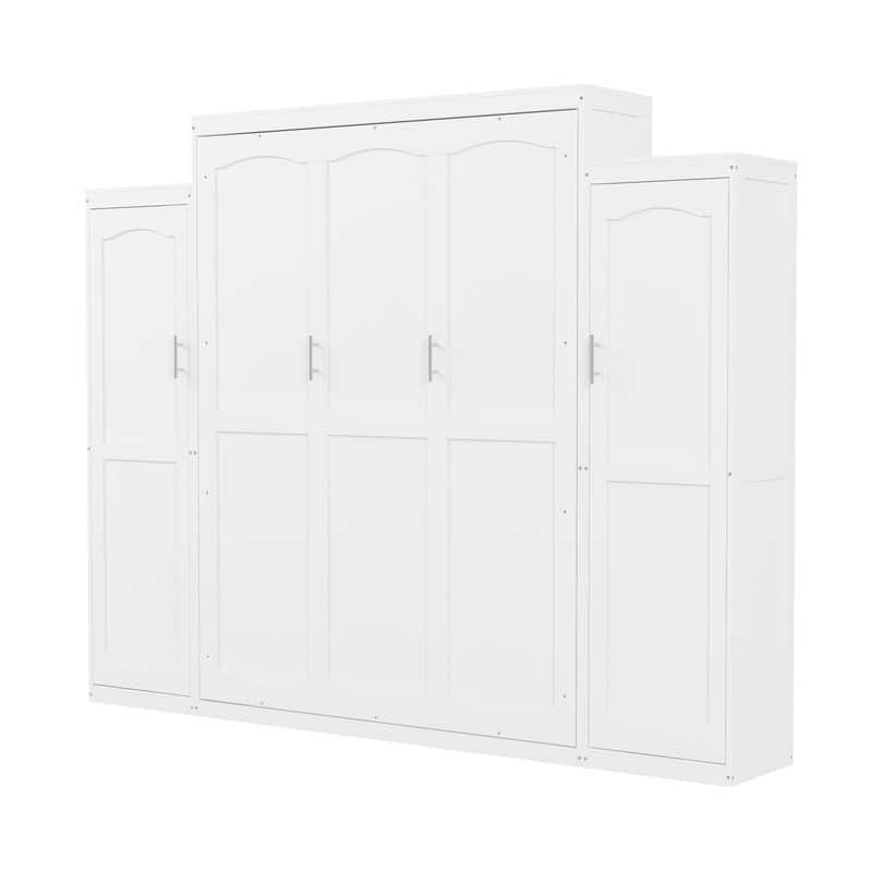 Wooden Murphy Bed Wall Bed with 2 Bulit-in Wardrobes, Full/Queen Size Foldable Murphy Cabinet Bed with Storage Shelves