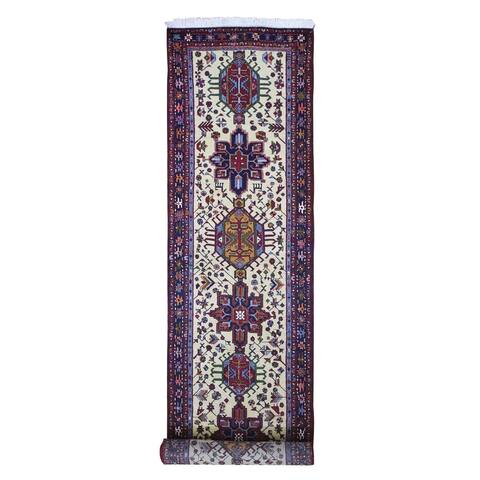 Shahbanu Rugs Village Weave Natural Wool Cream Vintage Persian Karajeh Hand Knotted Runner Oriental Rug (3'1" x 14'8")