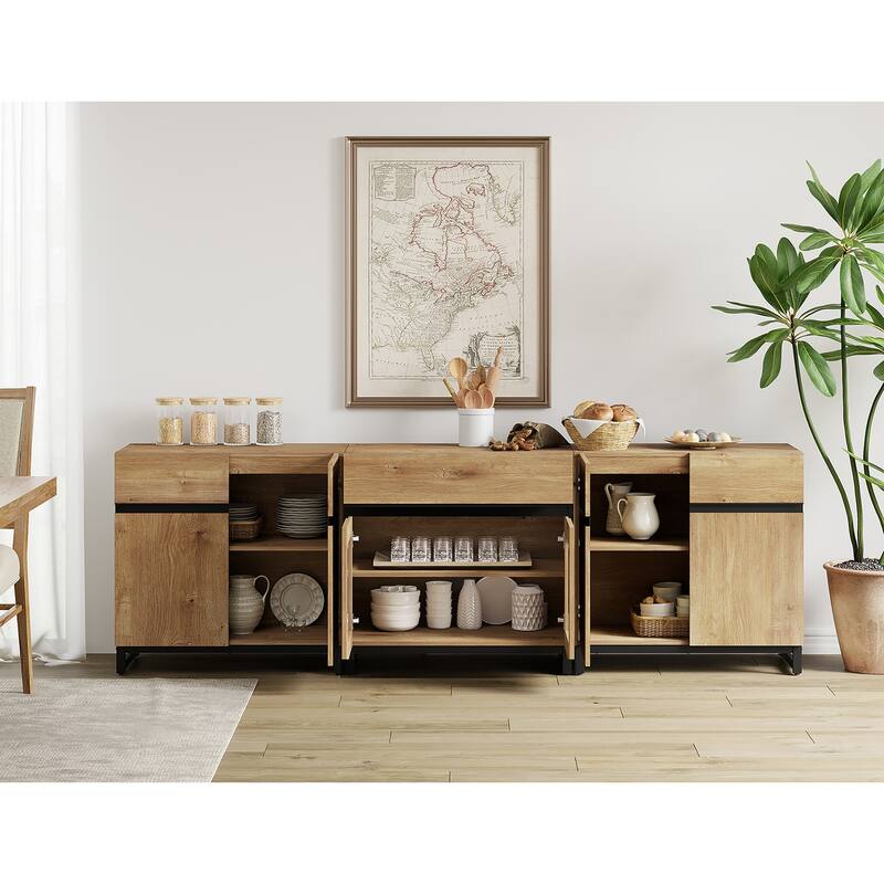 WAMPAT Modern Sideboard with Adjustable Shelves and Drawer, 3 in 1 Storage Cabinet with Glass Doors for Living Room, Kitchen