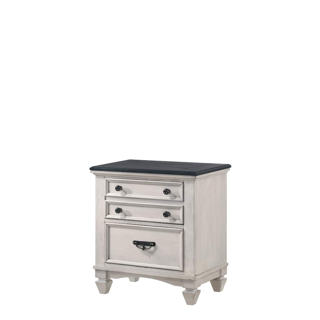 Beige Accent Nightstand with Faux Plank Top and Black Nickel Hardware