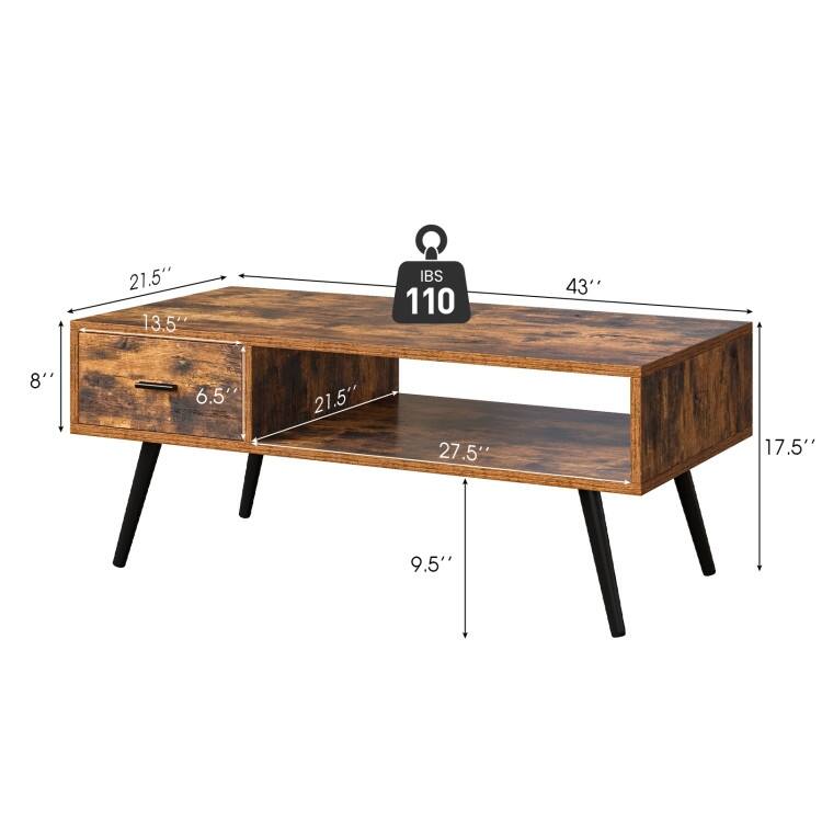 Mid-Century Coffee Table with Drawer and Open Shelf for Storage - 43" x 21.5" x 17.5"