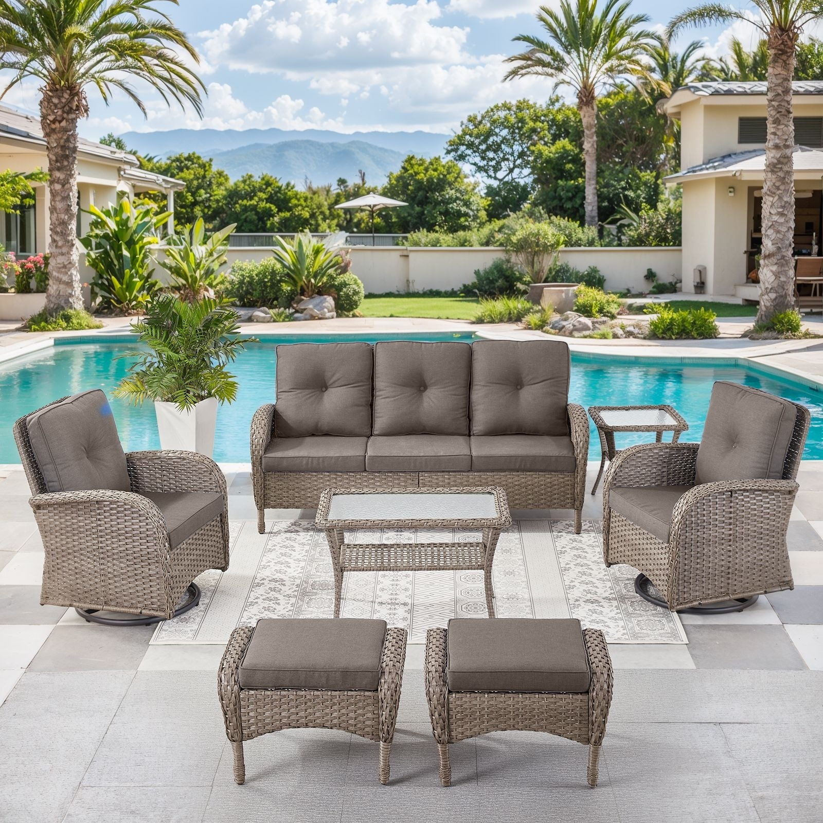 7 Pieces Sofa with Swivel Chairs Ottomans and Table Set
