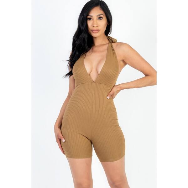 Casual Solid Halter V Neck Ribbed Bodycon Romper - Bed Bath & Beyond - 42099796 Casual Solid Halter V Neck Ribbed Bodycon Romper - Bed Bath & Beyond - 42099796
