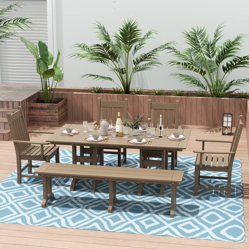 Laguna Hdpe All Weather Outdoor Patio Dining Set with Rectangle Table, Arm Chairs and Bench (6-Piece Set) - Weathered Wood