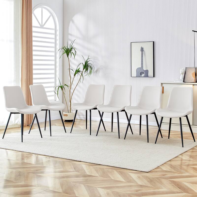 Dining Chairs Set of 6, Modern Armless Kitchen Chairs with Back, Faux Leather Dining Room Chairs with Metal Legs for Home Bistro - White+Black