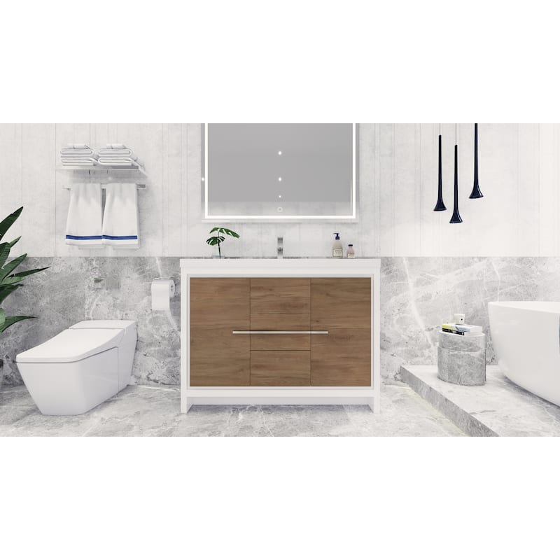dolce 48 natural oak finish freestanding bath vanity with single basin reinforced acrylic top