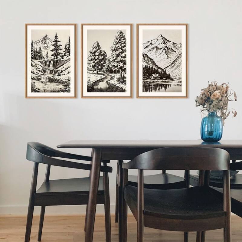 Vintage Mountain Sketch Framed Canvas Wall Art Set