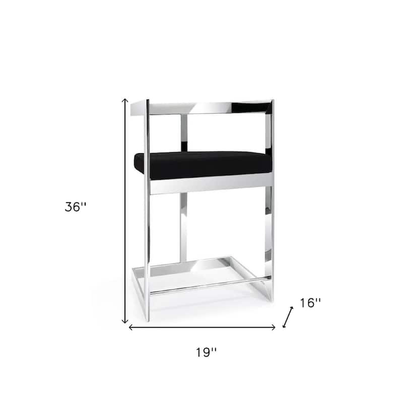 26" Black And Silver Velvet And Stainless Steel Low Back Counter Height Bar Chair
