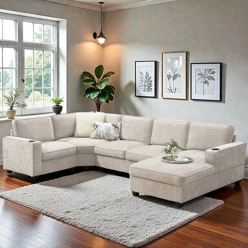 119" U-Shaped Sectional Sofa with Cup Holders, 6 Seat Chenille Corner Couch, Oversized Chaise Lounge - Beige