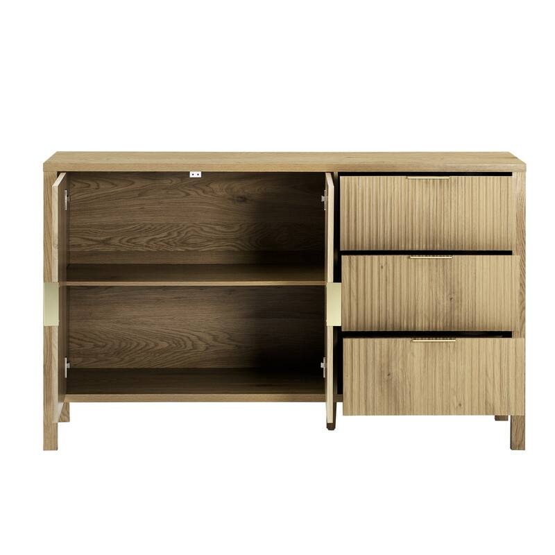 Modern Fluted 2-Door Sideboard with 3 Storage Drawers and Adjustable Hooks for Living Room,Entryway,Hallway
