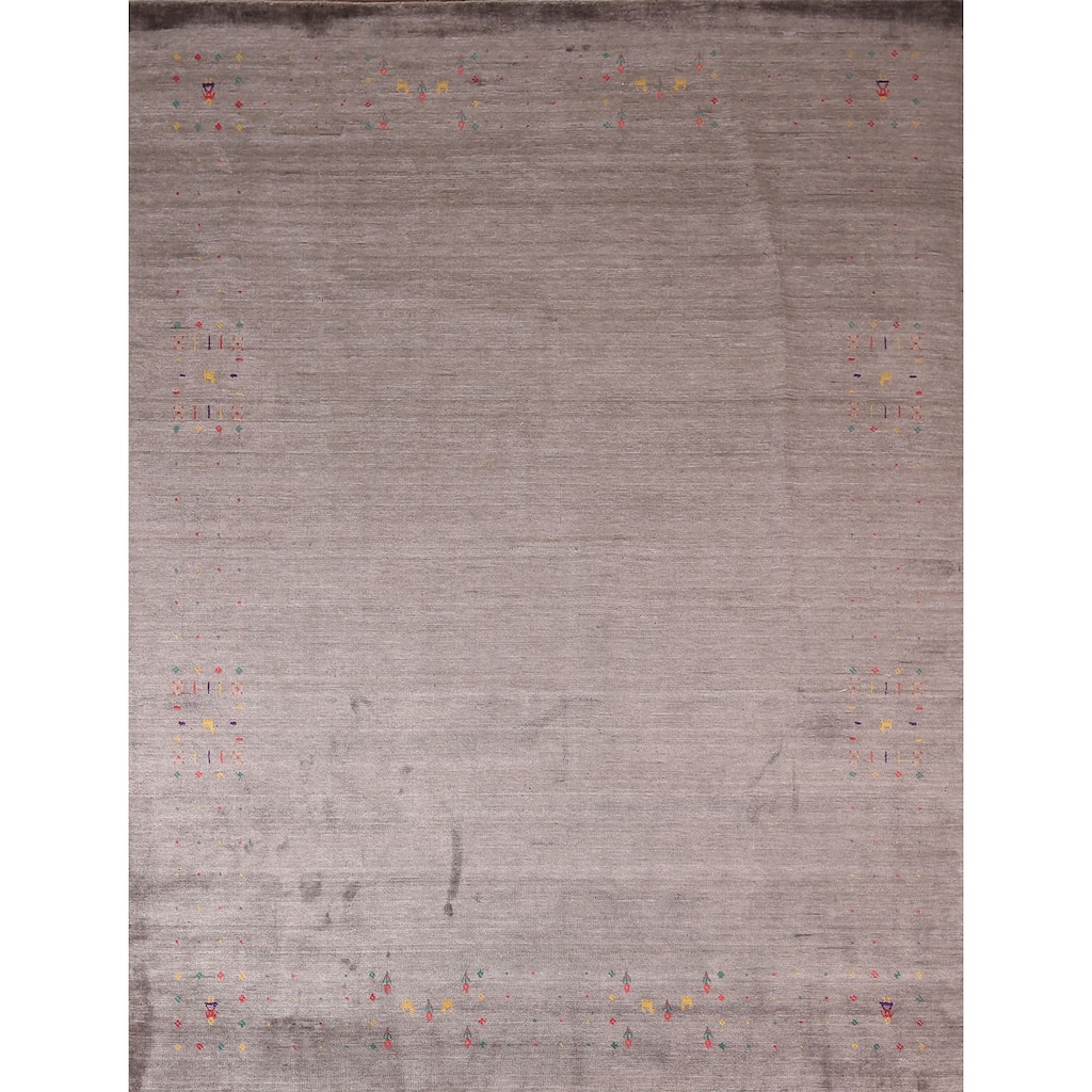 Gray & Brown Striped Gabbeh Oriental Area Rug Hand-Knotted Wool Carpet - 8'1"x 9'8"