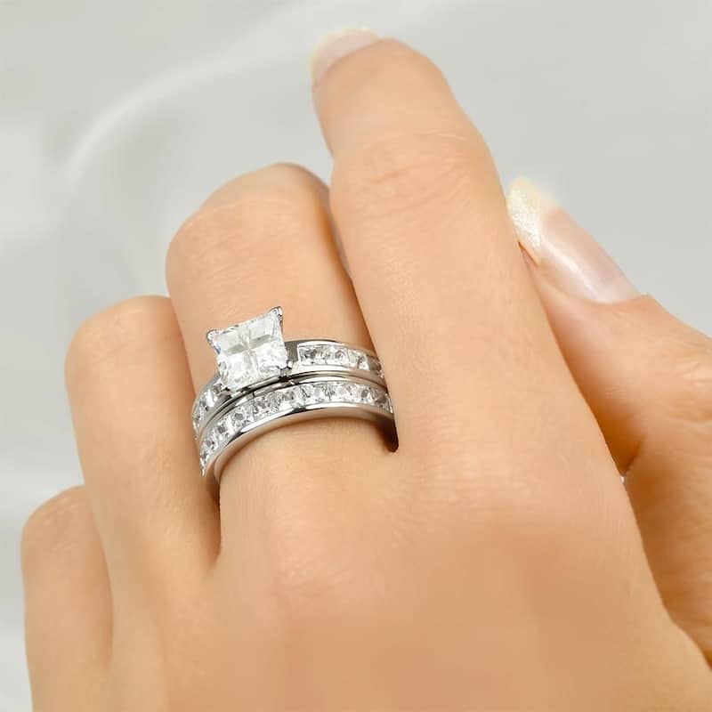 Sterling Silver 3.5 CT Cubic Zirconia Princess Cut Bridal Ring Set