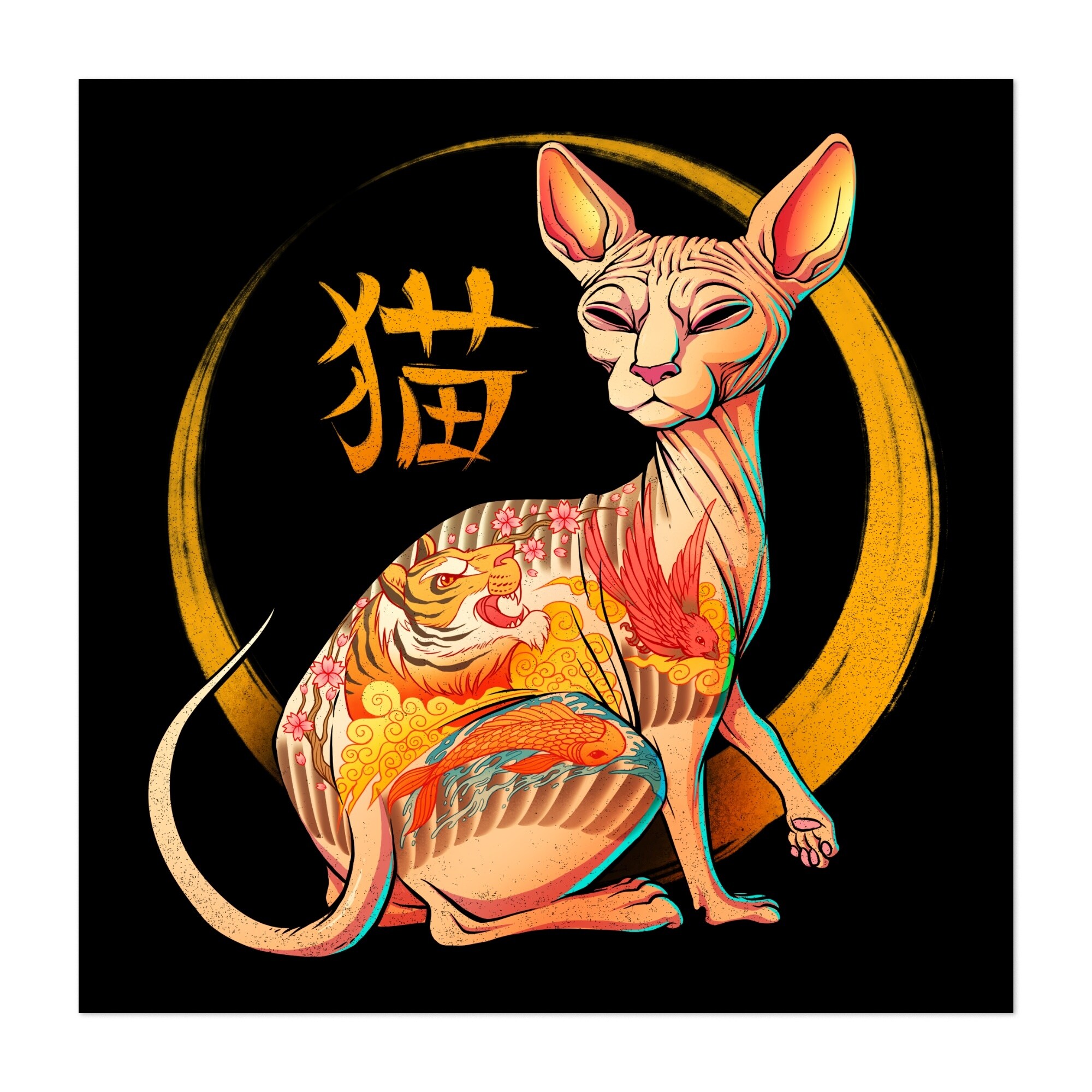 絵画　【壁掛け　Atukoさん】　THE cats Yakuza Cat Illustrations Animals Love Sphynx Cat Art Print