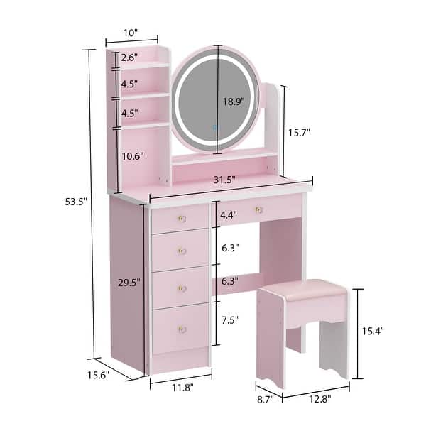 dimension image slide 1 of 2, 5-Drawers Makeup Vanity Table Set with Lighted Mirror (PINK/BLACK) - 52"H