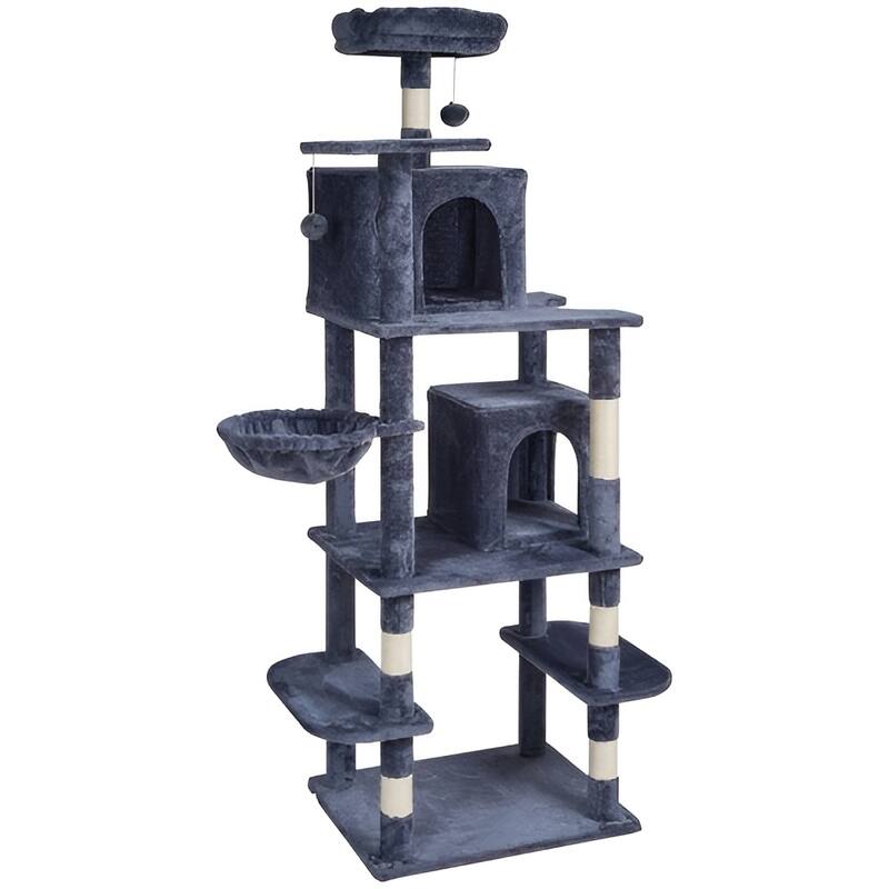 Dark Grey Plush 8-Layer Cat Tree with Condos, Hammock & Toys - Dark Grey