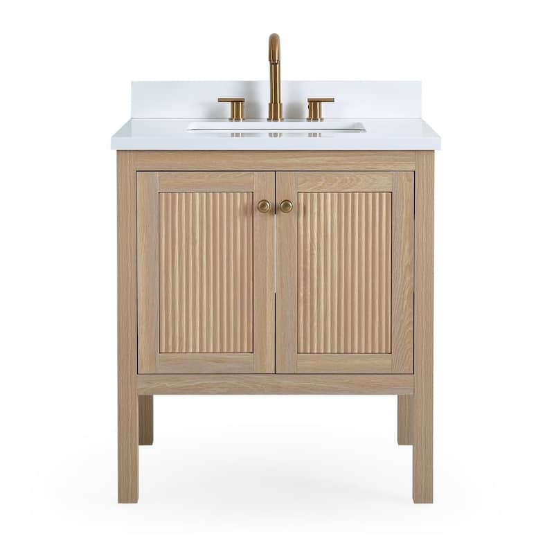 48 Inch Modern Light Oak Single Sink Bathroom Vanity With White Quartz Top - 30 inch