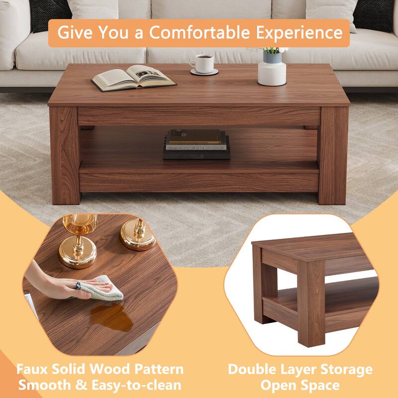 A modern and practical coffee table. The double layered coffee table is made of MDF material