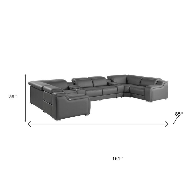 HomeRoots Dark Gray Italian Leather Power Reclining U Shaped Eight Piece Corner Sectional With Console