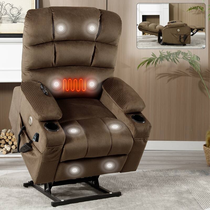 Chenille Power Lift Recliner with Massage, Heating & Cup Holders