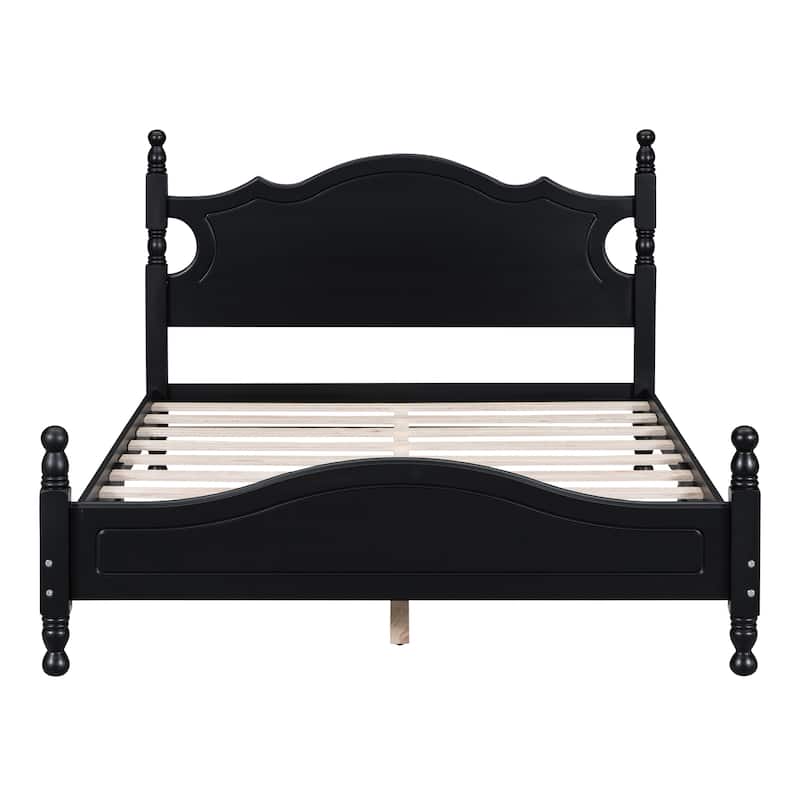 Full Size Wood Platform Bed Frame, Retro Style Platform Bed with Wooden Slat Support, Black