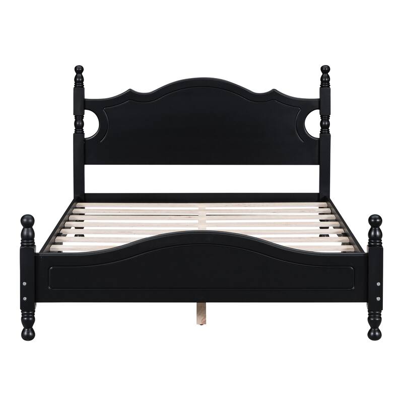 Full Size Wood Platform Bed Frame, Retro Style Upholstered Bed w/ Solid Wooden Slat Support, No Box Spring Needed, Easy Assembly