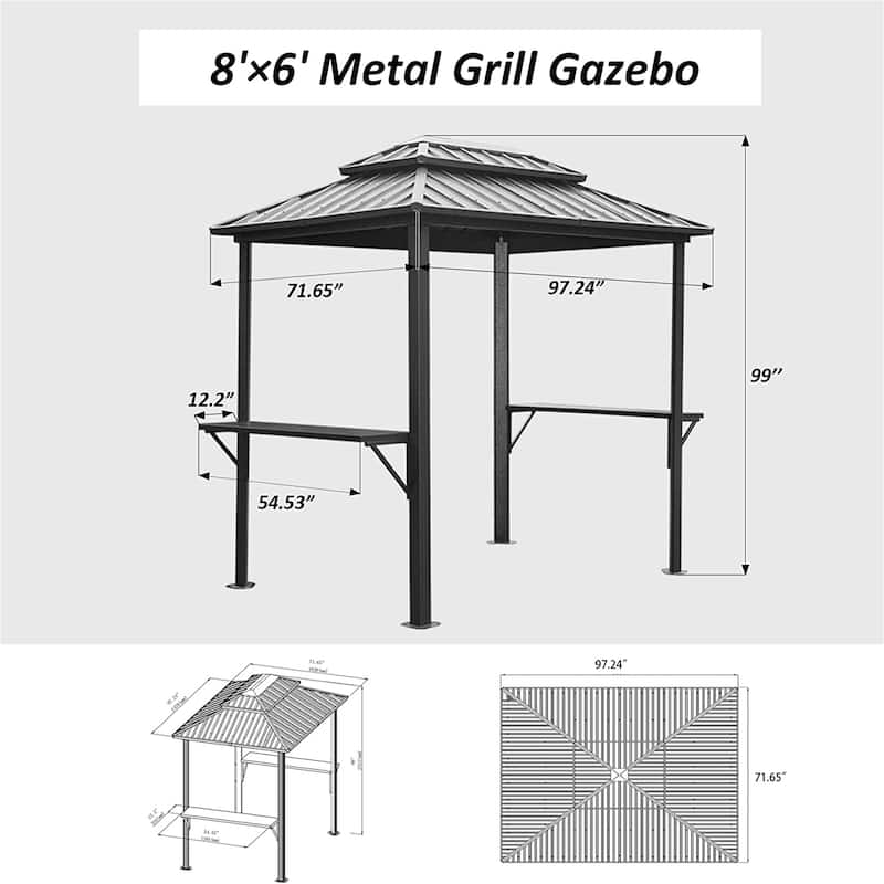 8 × 6 Ft BBQ Grill Gazebo Aluminum Frame Double Roof with Shelves Serving Tables