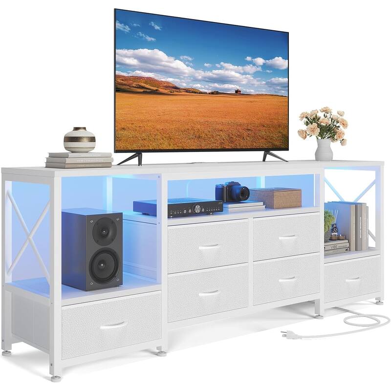 TV Stand with LED Lights Power Outlets Dresser Fabric Drawers Entertainment Center