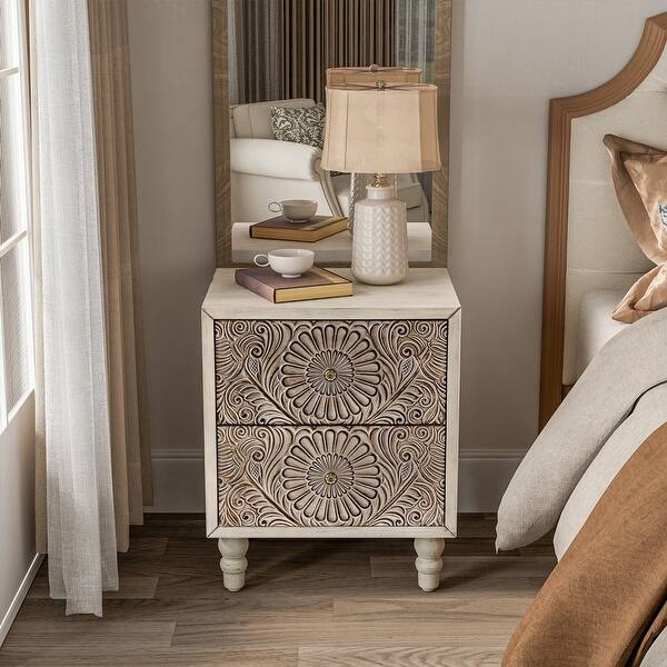 COSIEST Vintage Brown Pattern Solid Wood Nightstand with Drawers - On ...