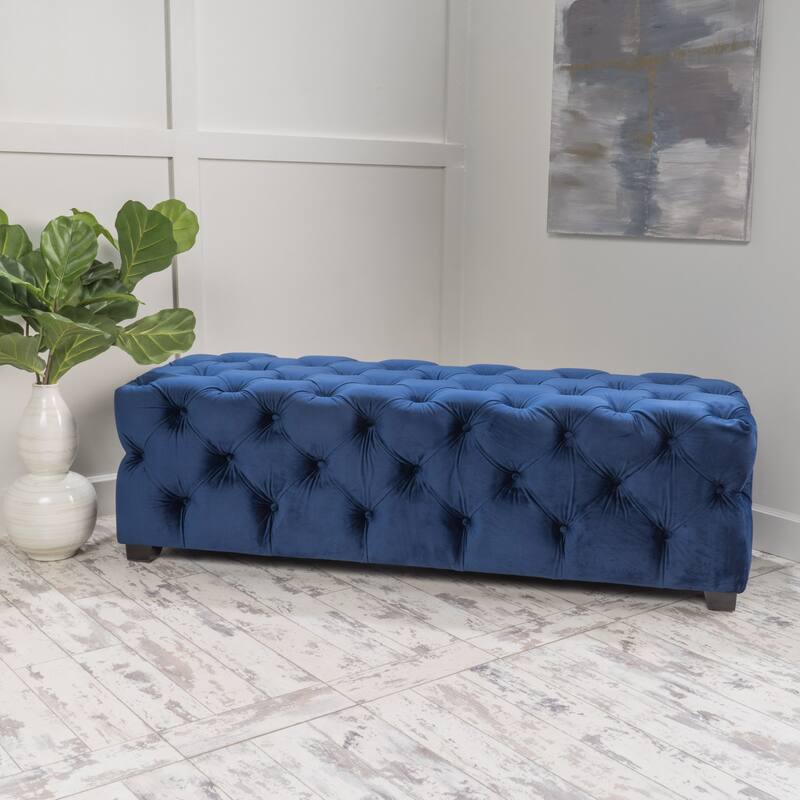 Velvet Tufted Bench Ottoman with Wooden Legs, Luxury Entryway Bench Bed-End Upholstered Bench for Mudroom, Bedroom - Navy Blue