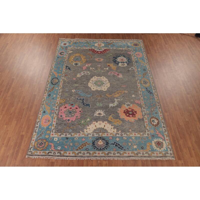 Gray Floral Oushak Area Rug Hand-Knotted Wool Carpet - 8'8"x 11'10"