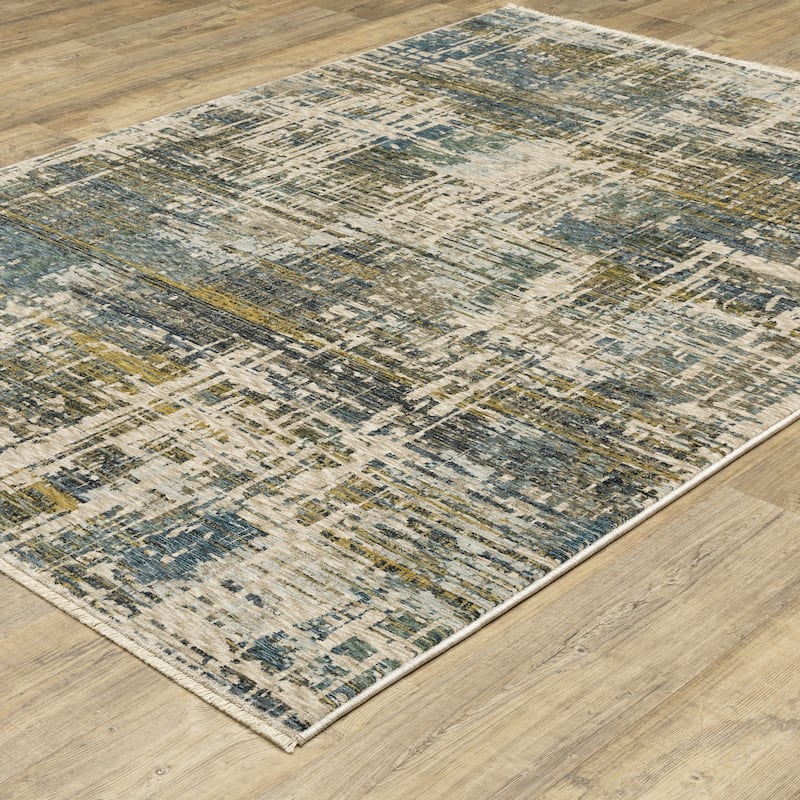 Style Haven Hendrix Abstract Etchings Blue/ Gold Fringe Edge Area Rug