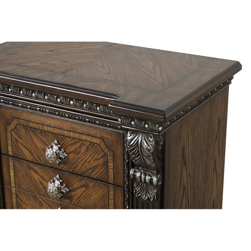 Transitional Nightstand with USB Port - Espresso Finish & Ornate Silver Brushed Molding