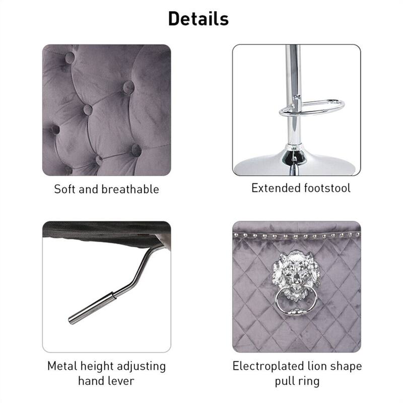 Swivel Tufted Velvet Bar Stool Adjustable with Lion Head Knocker