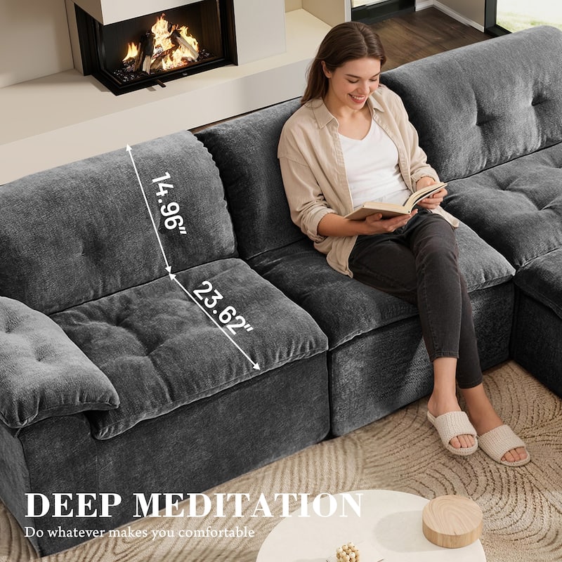 Rossetta L-Shaped Modular Chenille Cushioned Extreme Comfort Sofa with Detachable Backrest and Armrests, 1 Removable Ottoman