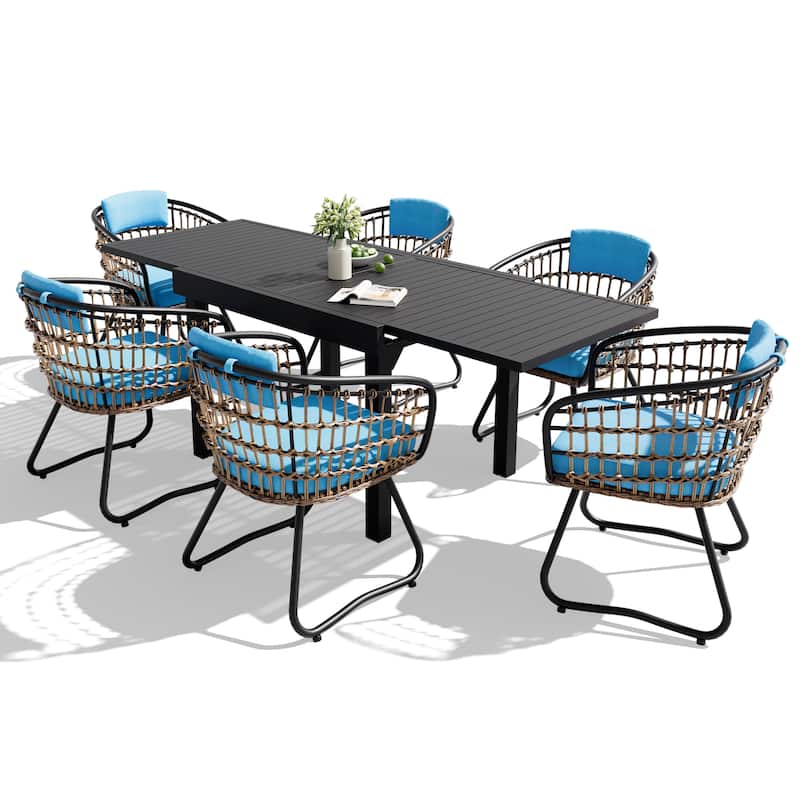 7/9PC Outdoor Aluminum Expandable Patio Dining Sets Extension Table with Rattan Chair - 7PC-BlueChairs