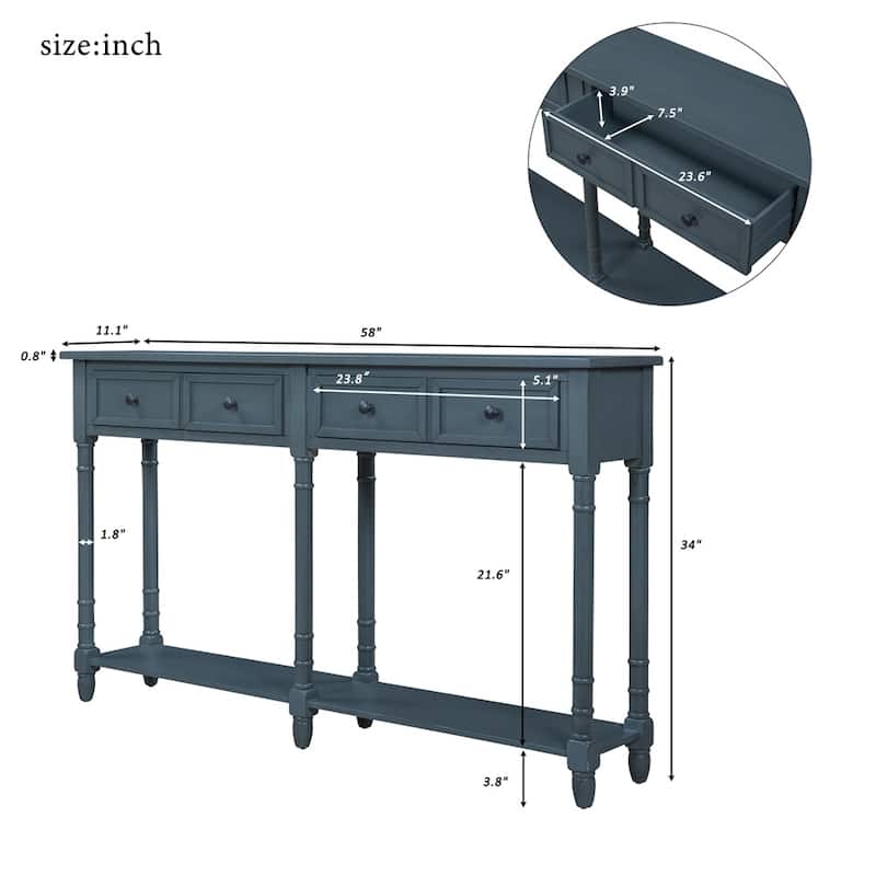 Solid Wooden Console Sofa Table, With 2 Drawers, Bottom Storage Shelves, Easy Assembly, Farmhouse Console Sofa Table