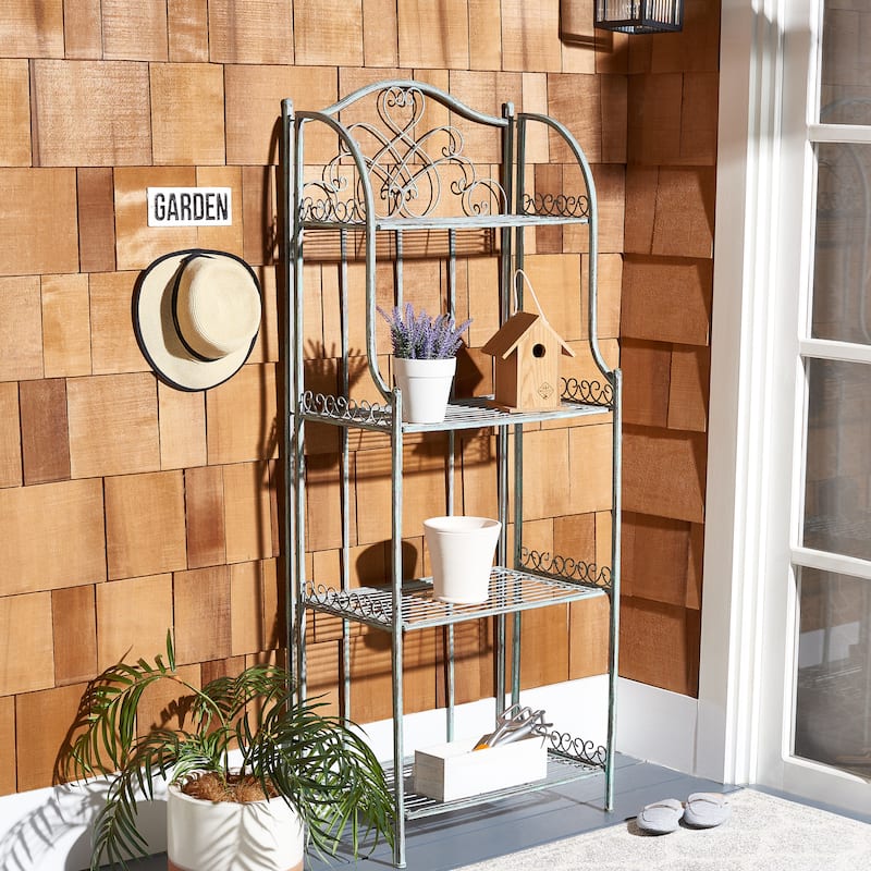 SAFAVIEH Bryn Victorian Wrought Iron 4-Tier Outdoor Bakers Rack - 25 In. W x 15 In. D x 63 In. H - 25"W x 15"D x 63"H - Antique Dark Green