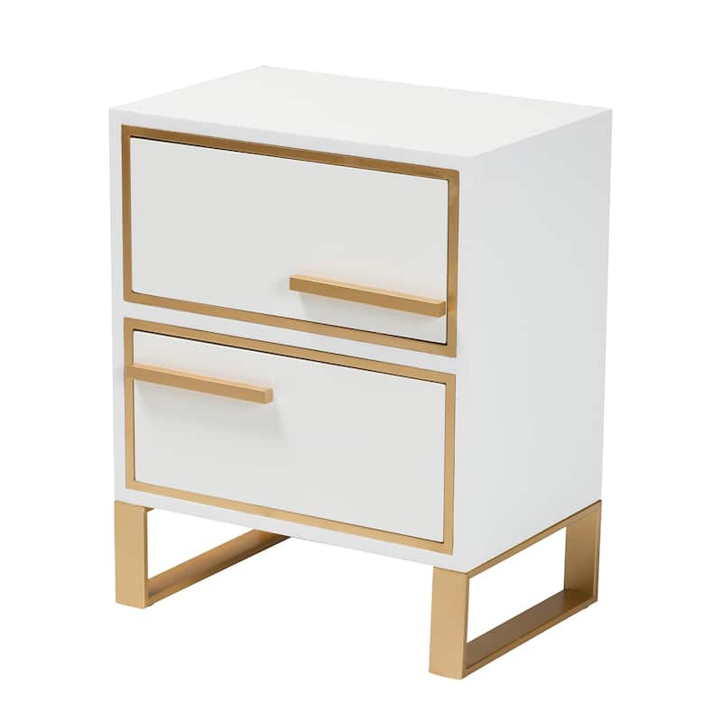 Baxton Studio Giolla Contemporary Glam and Luxe White Finished Wood and Gold Metal 2-Drawer End Table - White, Gold