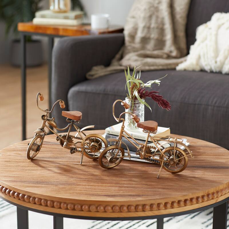 Gold Metal Bike Decorative Sculpture with Wood Accents (Set of 2) - 11 x 5 x 8