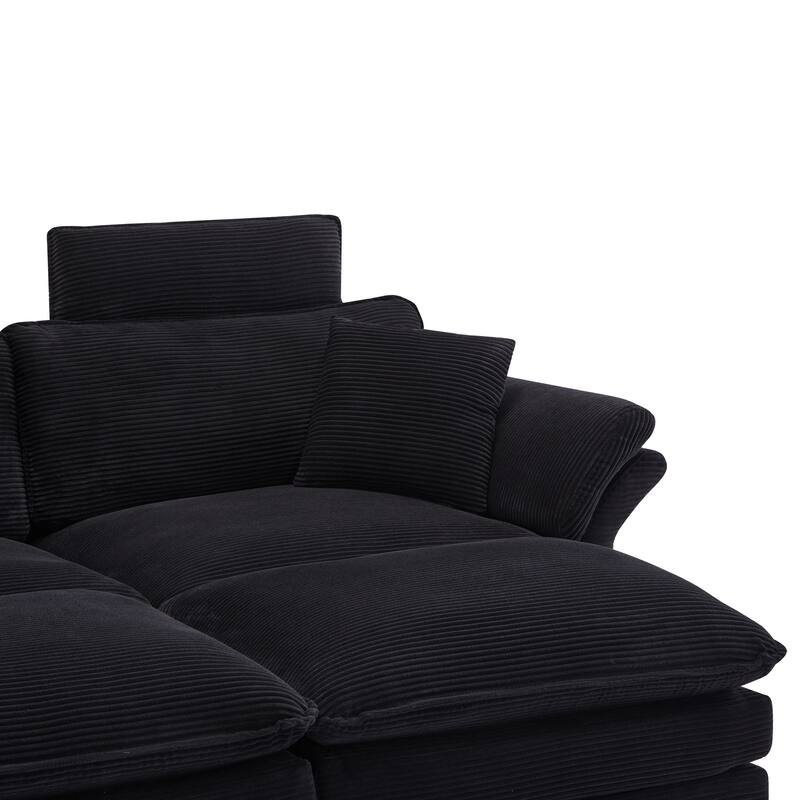 85.8'' Modern Corduroy Upholstered Sectional Sofa with Ottomans, Black