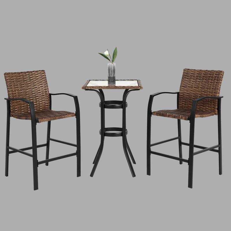 Rattan Bar Stools with Glass Table, 3-Piece Patio Set for Balcony, Garden, and Outdoor Spaces - Brown