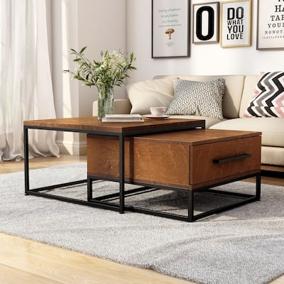 Saxon Rustic Brown Square 2-Piece Solid Wood Coffee Nesting Tables with 1-Drawer by Furniture of America