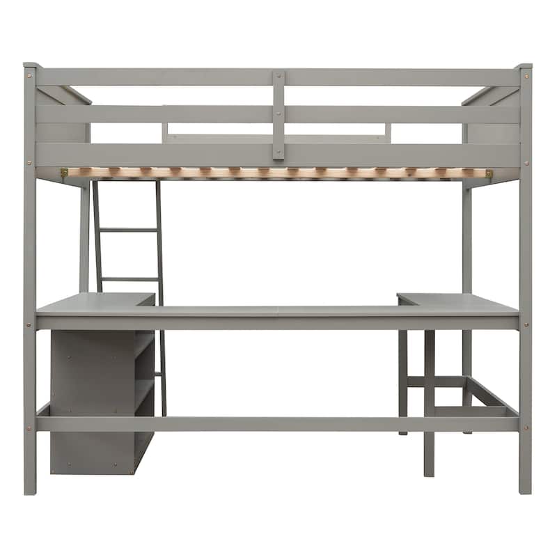 Full Size Loft Bed with Desk and Bookshelves, Wooden Frame, Perfect for Kids, Teens, or Guest Rooms, Space-Saving